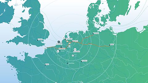 Kaart waarop te zien is dat Deventer een sterke strategische ligging heeft binnen Europa’s belangrijkste transportroutes.